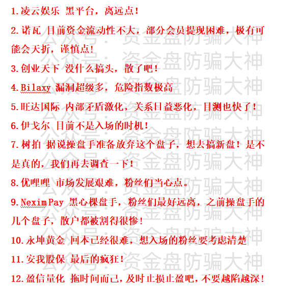 预警!凌云娱乐、诺瓦、创业天下、Bilaxy、旺达国际、伊戈尔、树拍、优哩哩、Nexim Pay、永坤黄金、安我股保、盈信量化-一洼田