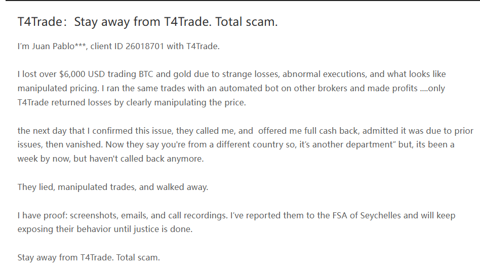 T4Trade外汇平台被曝异常报价？用户损失超6000美元，平台承诺退款后失联！-一洼田